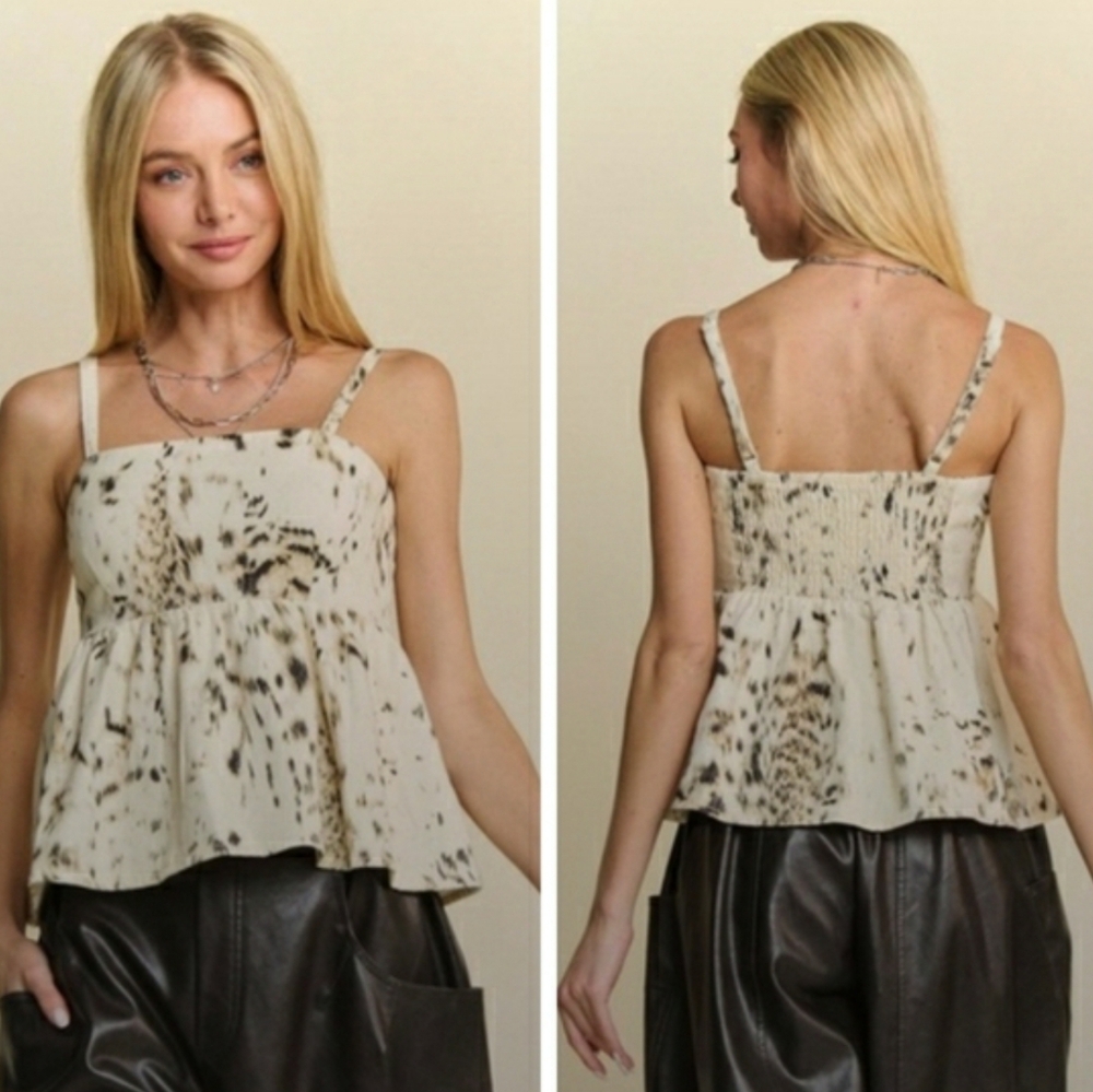 Davi & Dani Spotted Peplum Denim Top in Cream & Brown Super Soft Material New - Picture 14 of 16